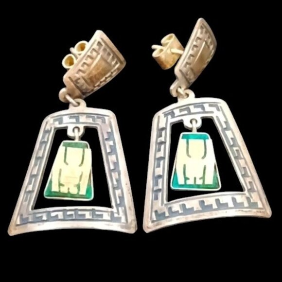 Vintage Peru Sterling Silver .925 Dangle Earrings Inner Panel Inca God - Picture 1 of 4
